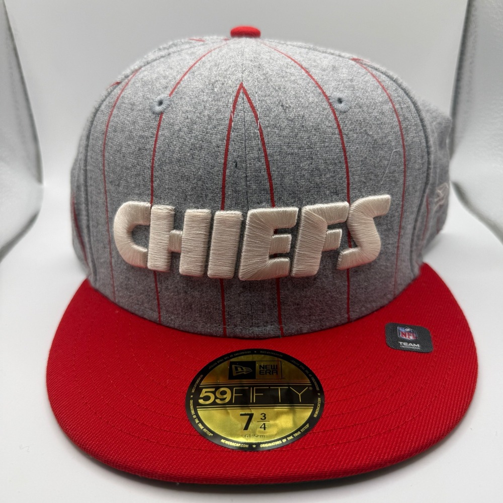 New Era 59FIFTY Kansas City Chiefs Fitted Hat 7 3/4 Grey Red Pinstripe NFL Cap